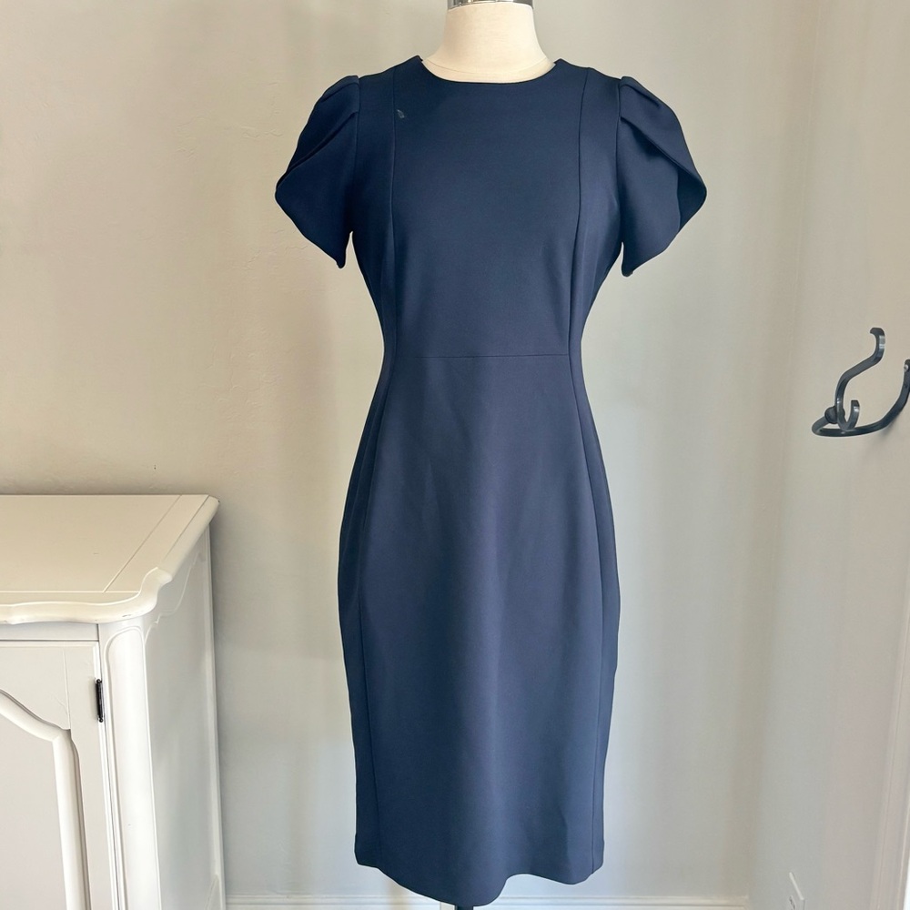 Calvin Klein Blue Sheath Dress Tulip Sleeve Knee Length Scuba Stretch, Sz 6 NWT - Picture 2 of 14